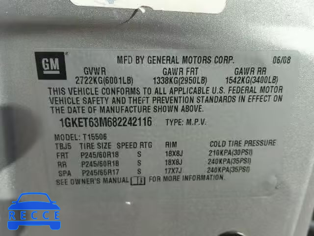 2008 GMC ENVOY DENA 1GKET63M682242116 image 9