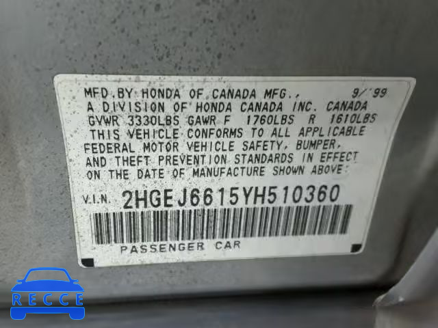 2000 HONDA CIVIC BASE 2HGEJ6615YH510360 image 9