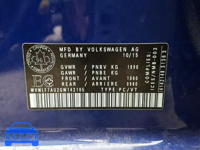 2016 VOLKSWAGEN GOLF R WVWLF7AU2GW142105 зображення 9