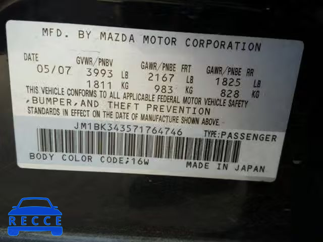 2007 MAZDA 3 HATCHBAC JM1BK343571764746 зображення 9