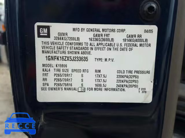 2005 CHEVROLET SUBURBAN K 1GNFK16ZX5J233635 Bild 9