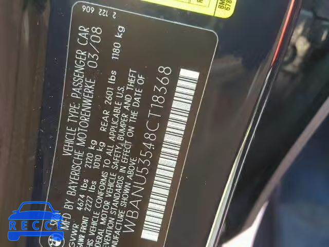 2008 BMW 528 I WBANU53548CT18368 зображення 9