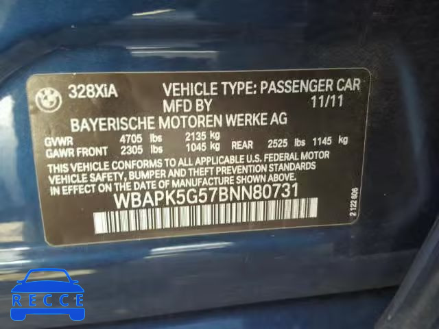 2011 BMW 328 XI SUL WBAPK5G57BNN80731 зображення 9