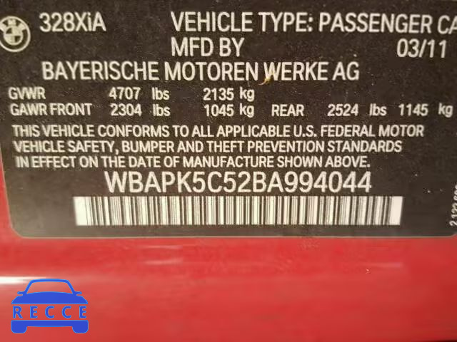 2011 BMW 328 XI SUL WBAPK5C52BA994044 зображення 9