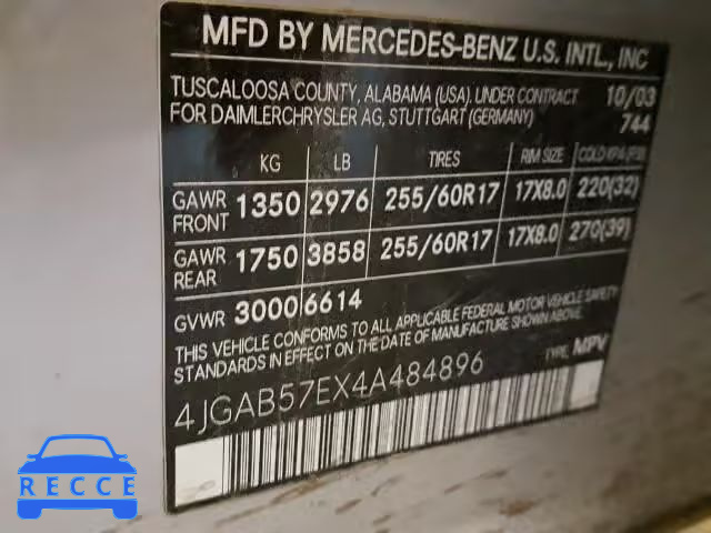 2004 MERCEDES-BENZ ML 350 4JGAB57EX4A484896 Bild 9