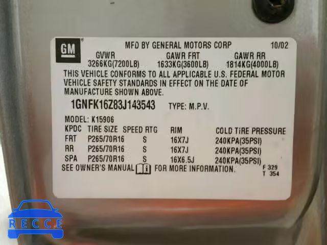 2003 CHEVROLET SUBURBAN K 1GNFK16Z83J143543 image 9
