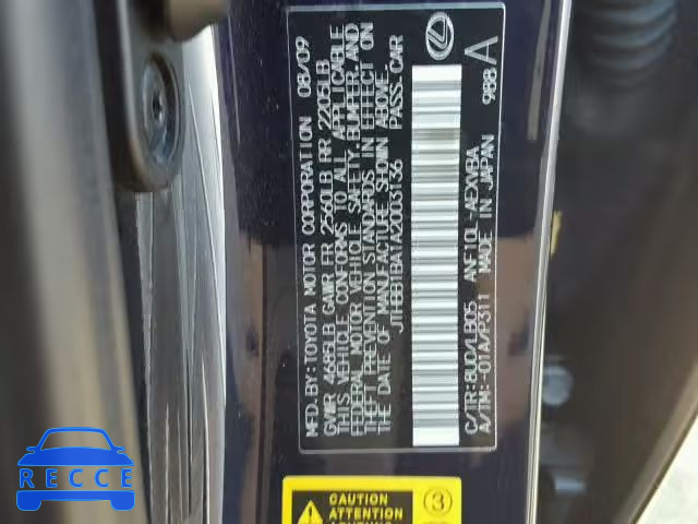 2010 LEXUS HS 250H JTHBB1BA1A2003136 Bild 9