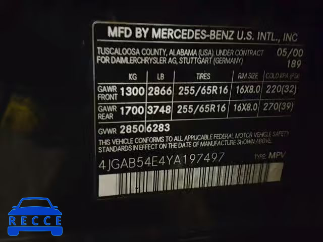 2000 MERCEDES-BENZ ML 320 4JGAB54E4YA197497 зображення 9