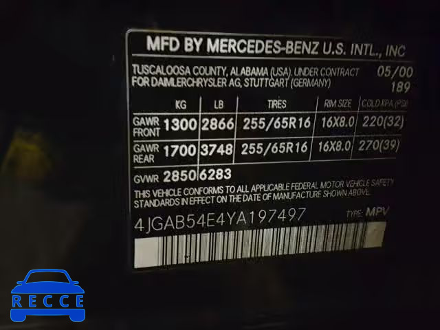 2000 MERCEDES-BENZ ML 320 4JGAB54E4YA197497 Bild 9