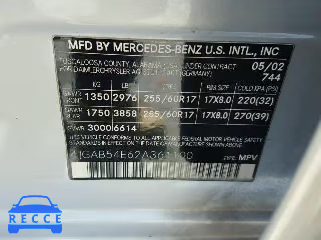 2002 MERCEDES-BENZ ML 320 4JGAB54E62A361100 зображення 9