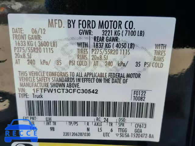 2012 FORD F150 SUPER 1FTFW1CT3CFC30542 зображення 9