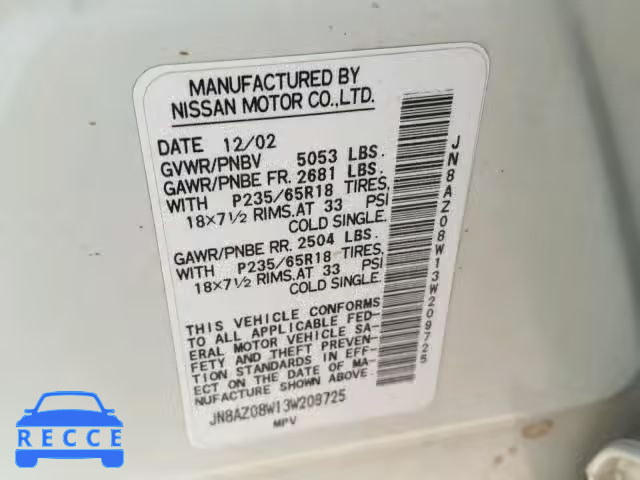 2003 NISSAN MURANO SL JN8AZ08W13W209725 image 9