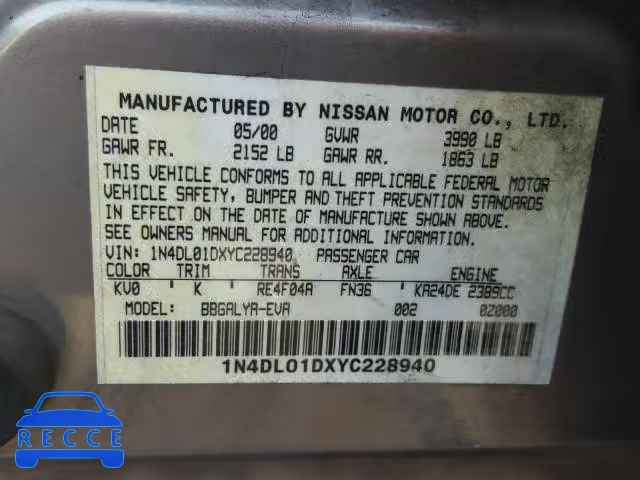 2000 NISSAN ALTIMA XE 1N4DL01DXYC228940 image 9