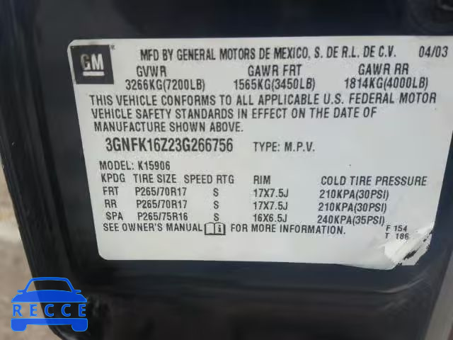 2003 CHEVROLET SUBURBAN K 3GNFK16Z23G266756 image 9