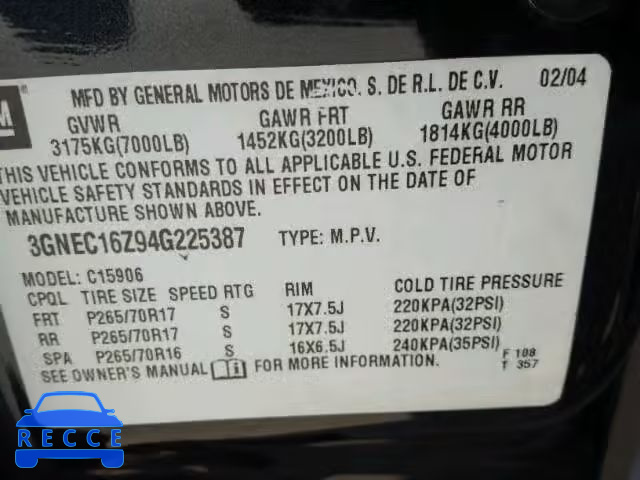 2004 CHEVROLET SUBURBAN C 3GNEC16Z94G225387 image 9
