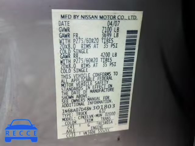 2008 NISSAN TITAN XE 1N6BA07D48N301803 image 9