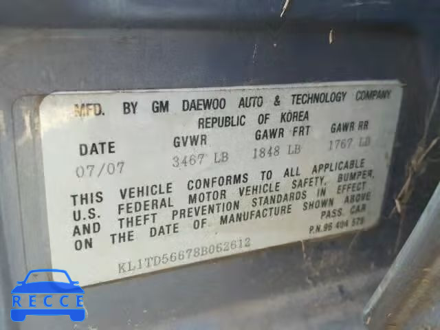 2008 CHEVROLET AVEO BASE KL1TD56678B062612 image 9