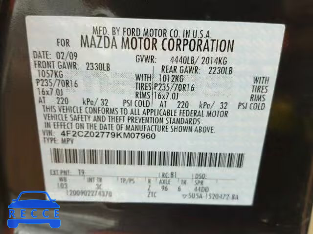 2009 MAZDA TRIBUTE 4F2CZ02779KM07960 Bild 9