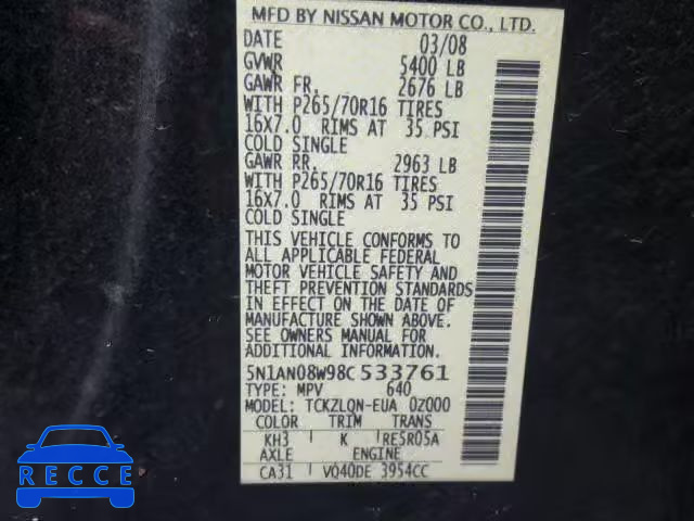 2008 NISSAN XTERRA OFF 5N1AN08W98C533761 image 9