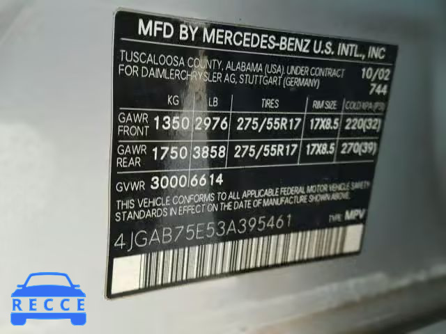 2003 MERCEDES-BENZ ML 500 4JGAB75E53A395461 зображення 9