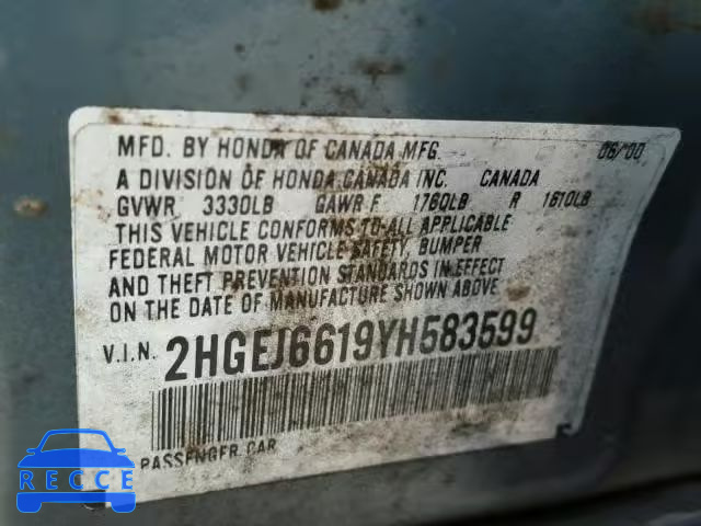 2000 HONDA CIVIC BASE 2HGEJ6619YH583599 image 9