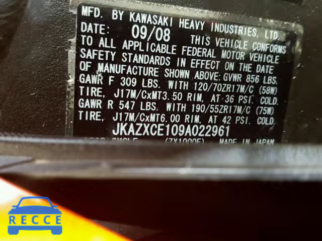 2009 KAWASAKI ZX1000 JKAZXCE109A022961 image 18