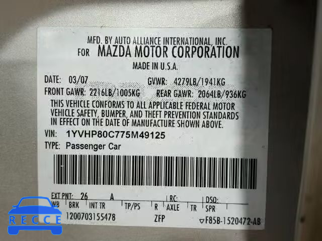 2007 MAZDA 6 I 1YVHP80C775M49125 image 9