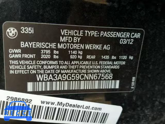 2012 BMW 335 I WBA3A9G59CNN67568 image 9