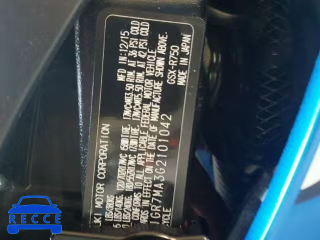 2016 SUZUKI GSX-R750 JS1GR7MA3G2101042 image 9
