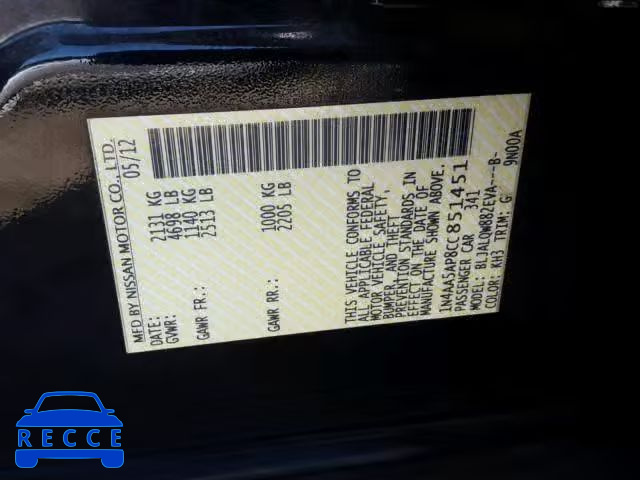 2012 NISSAN MAXIMA S 1N4AA5AP8CC851451 image 9