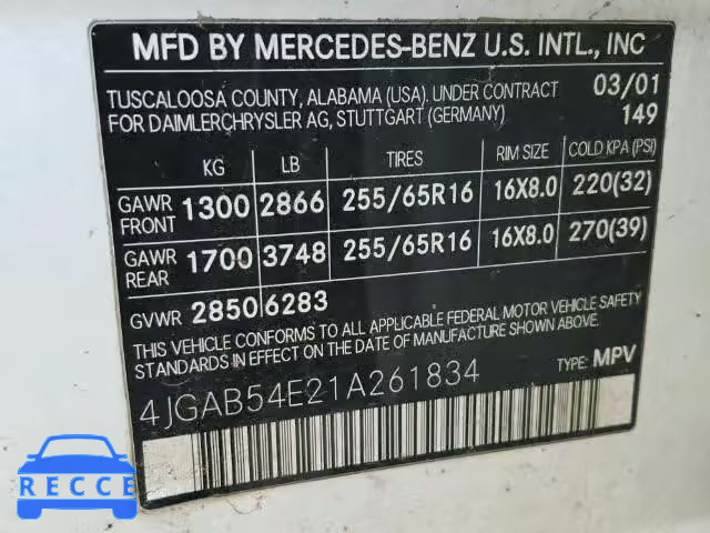 2001 MERCEDES-BENZ ML 320 4JGAB54E21A261834 image 9