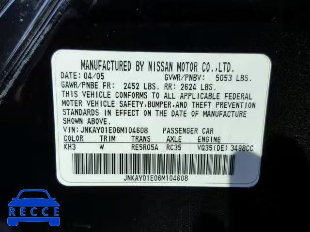 2006 INFINITI M35 BASE JNKAY01E06M104608 image 9