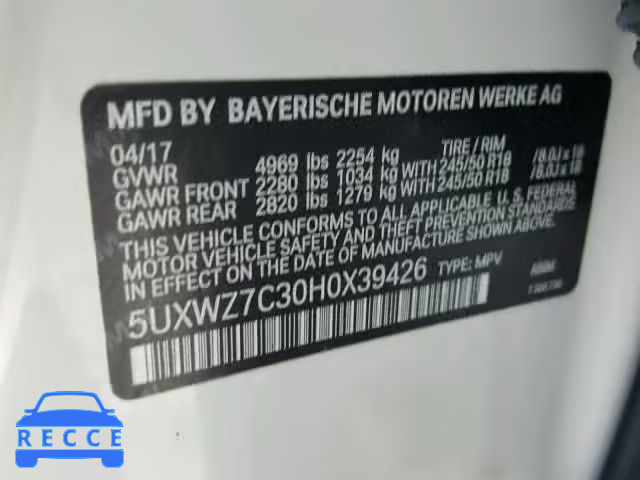 2017 BMW X3 SDRIVE2 5UXWZ7C30H0X39426 зображення 9