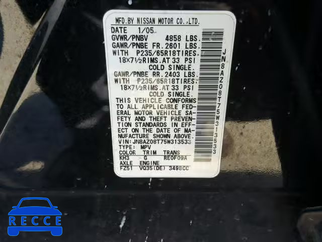 2005 NISSAN MURANO SL JN8AZ08T75W313533 image 9