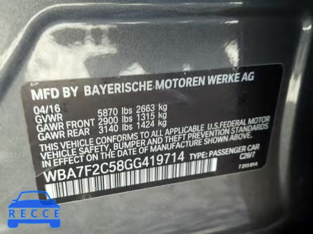 2016 BMW 750 WBA7F2C58GG419714 зображення 9