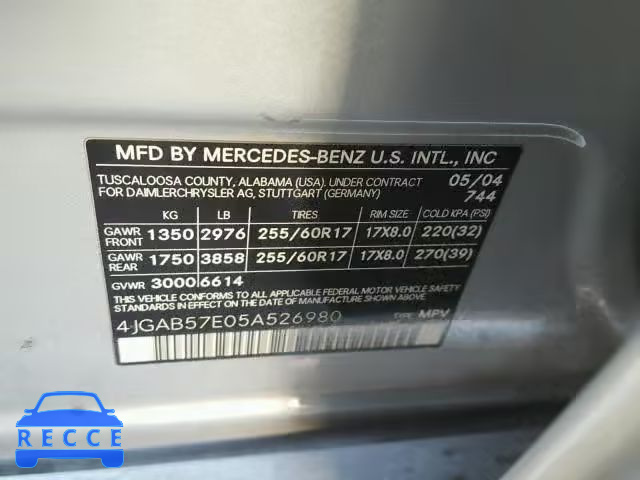 2005 MERCEDES-BENZ ML 350 4JGAB57E05A526980 image 9