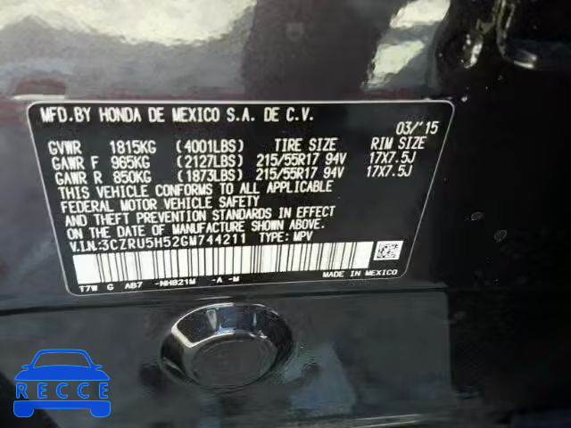 2016 HONDA HR-V EX 3CZRU5H52GM744211 image 9