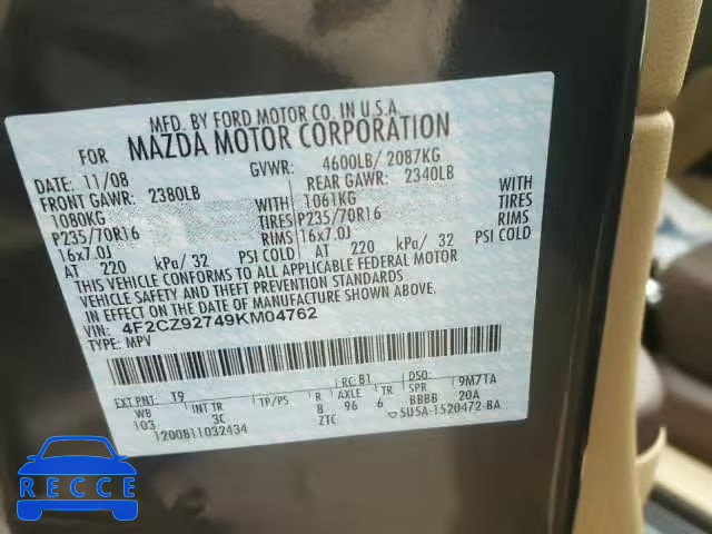 2009 MAZDA TRIBUTE 4F2CZ92749KM04762 Bild 9
