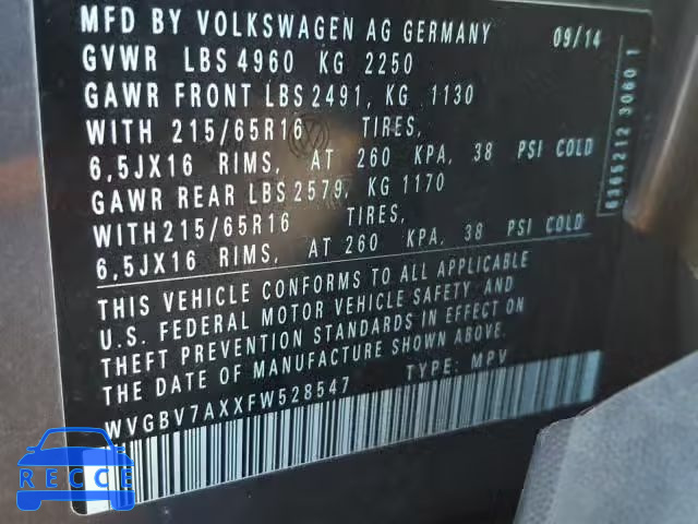 2015 VOLKSWAGEN TIGUAN S WVGBV7AXXFW528547 зображення 9