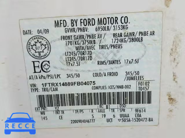 2009 FORD F150 SUPER 1FTRX14889FB04075 зображення 9