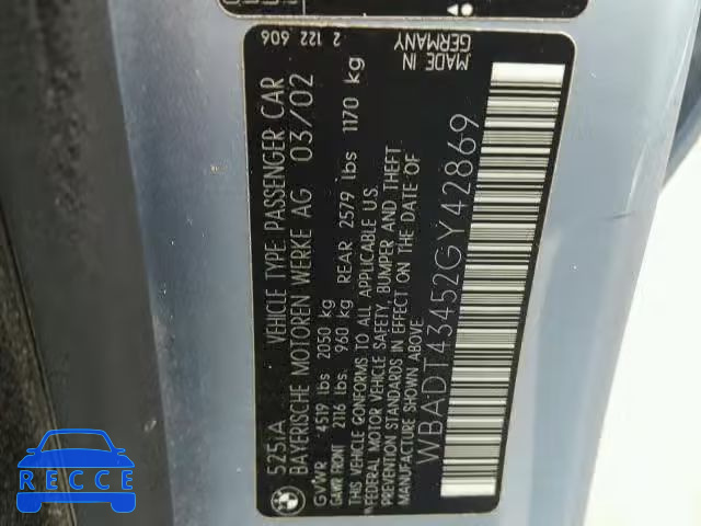 2002 BMW 525 I AUTO WBADT43452GY42869 image 9