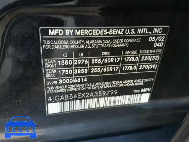 2002 MERCEDES-BENZ ML 320 4JGAB54EX2A359799 Bild 9