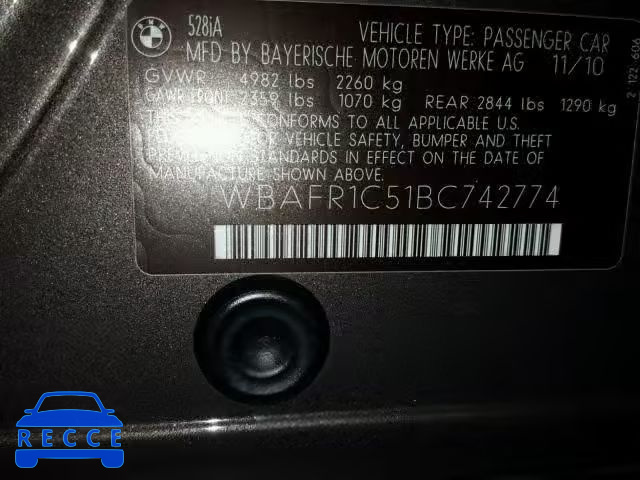 2011 BMW 528 I WBAFR1C51BC742774 image 9