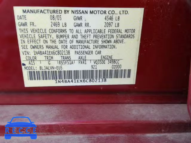 2006 NISSAN MAXIMA SE 1N4BA41EX6C802138 Bild 9