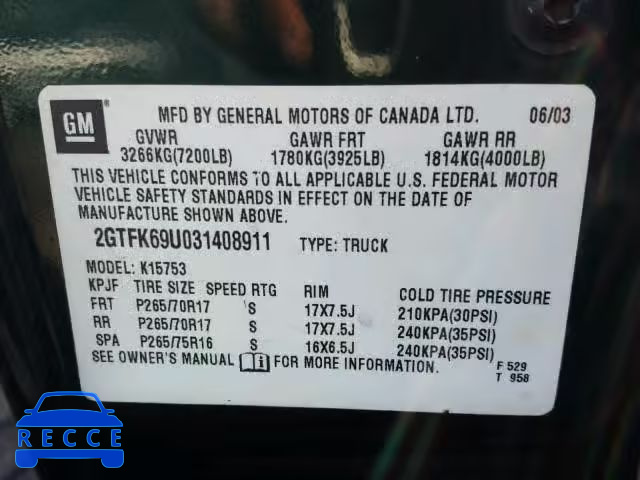 2003 GMC SIERRA 2GTFK69U031408911 image 9