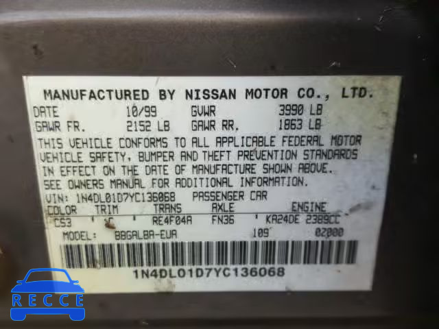 2000 NISSAN ALTIMA XE 1N4DL01D7YC136068 зображення 9