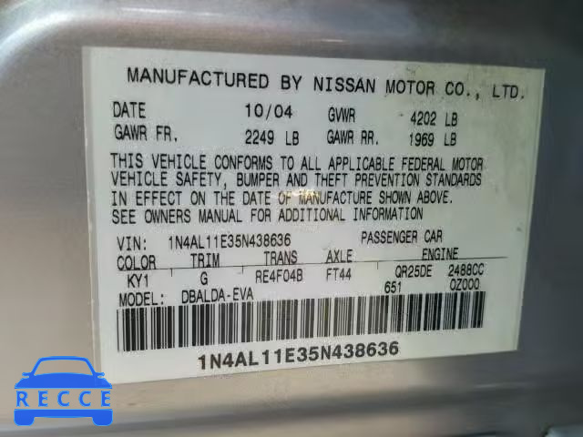 2005 NISSAN ALTIMA S 1N4AL11E35N438636 image 9