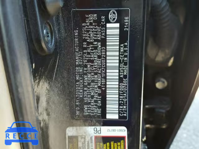 2012 TOYOTA CAMRY BASE 4T1BF1FK7CU072893 image 9