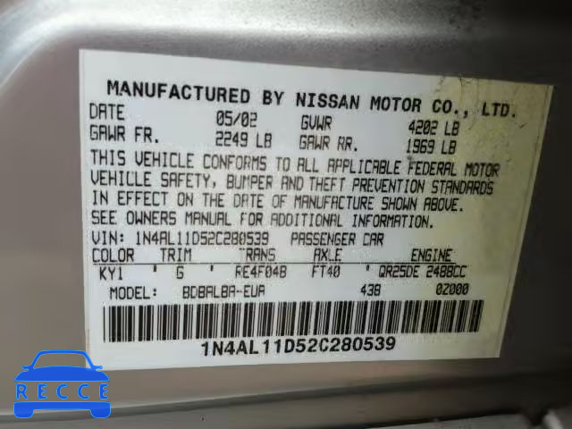 2002 NISSAN ALTIMA BAS 1N4AL11D52C280539 image 9
