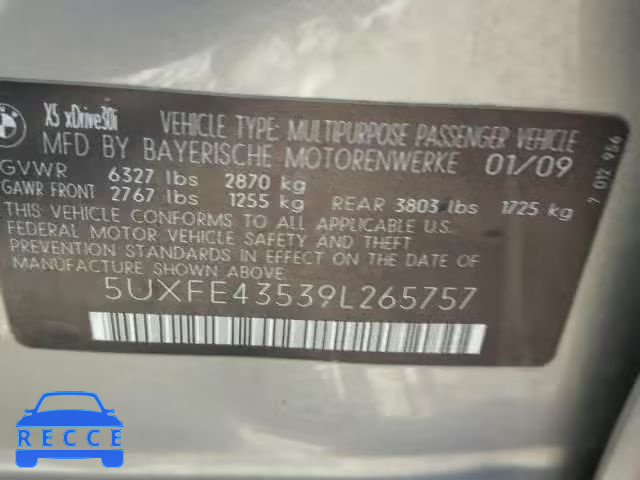 2009 BMW X5 5UXFE43539L265757 зображення 9